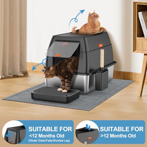 Stainless Steel Litter Box with Lid,Front Entry Top Exit Kitty LitterBox,Extra Large Enclosed Metal Cat Box with Litter Scoop & Litter Mat-Black - Image 6