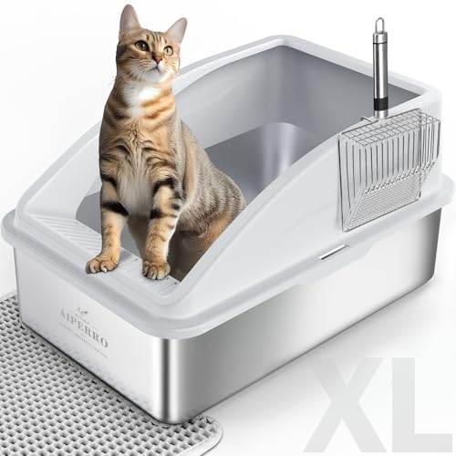 Stainless Steel Litter Box | XL Enclosed Cat Litter Boxes with Lid for Big Cats | High Sided, Anti-Urine Leakage | Non-Stick Bottom & Includes Litter Mat & Metal Scoop - Image 2