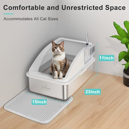 Stainless Steel Litter Box | XL Enclosed Cat Litter Boxes with Lid for Big Cats | High Sided, Anti-Urine Leakage | Non-Stick Bottom & Includes Litter Mat & Metal Scoop - Image 5