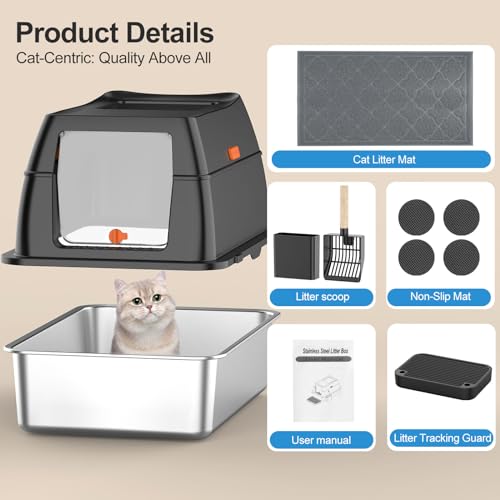 Stainless Steel Litter Box with Lid,Front Entry Top Exit Kitty LitterBox,Extra Large Enclosed Metal Cat Box with Litter Scoop & Litter Mat-Black - Image 7