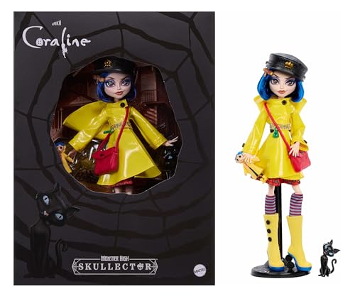 Monster High Skullector Doll, Coraline Collectible in Yellow Raincoat with Dress and Accessories Like Rag Doll, Cat Figure, and Doll Stand - Image 2
