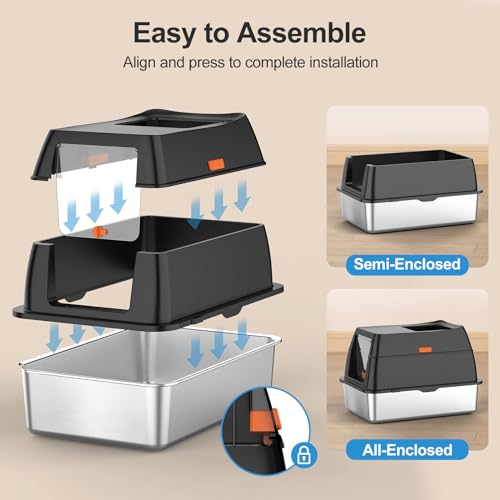 Stainless Steel Litter Box with Lid,Front Entry Top Exit Kitty LitterBox,Extra Large Enclosed Metal Cat Box with Litter Scoop & Litter Mat-Black - Image 5