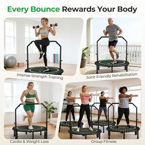 BCAN BT2 450/550LBS Mini Rebounder Trampoline for Adults with Bar, Fitness Trampoline with Bungees, Adjustable Handle, Stable & Quiet, Indoor Outdoor, Whole-Body Workout & Relaxation at Home-40IN-GRN - Image 7
