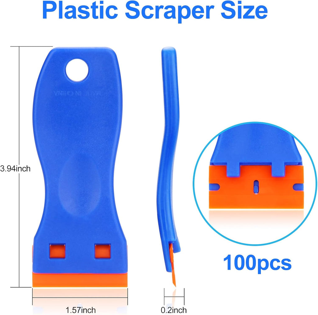4 Pcs Plastic Razor Blade Scraper and 100 Pcs Blades, Remove Label Decal Tool， Forwithout Scratches Plastic Razor Blade Scraper, Adhesive Remover for Stickers, Gaskets and Paints on Window Car Glass