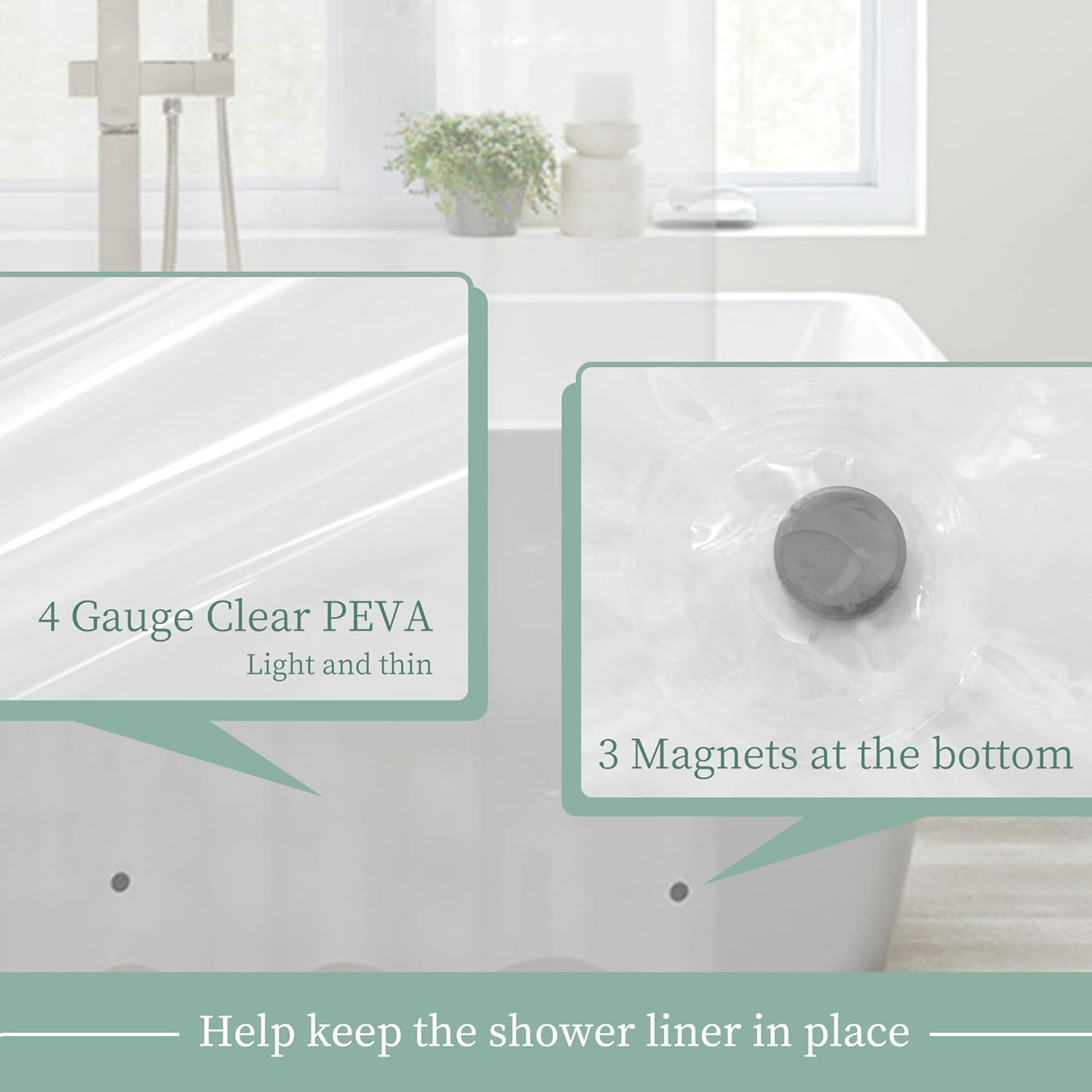 Mrs Awesome Clear Shower Curtain Liner with 3 Magnets, 72x72 Premium Flexible Sturdy Plastic Shower Curtain for Bathroom Lightweight, Waterproof, Clear