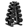 CAP Barbell 150 lb Rubber Coated Hex Dumbbell Set with Vertical Rack, Space-Saving A-Frame Storage for Home Gym Strength Training, Chrome Handle, Black Rack - Image 1