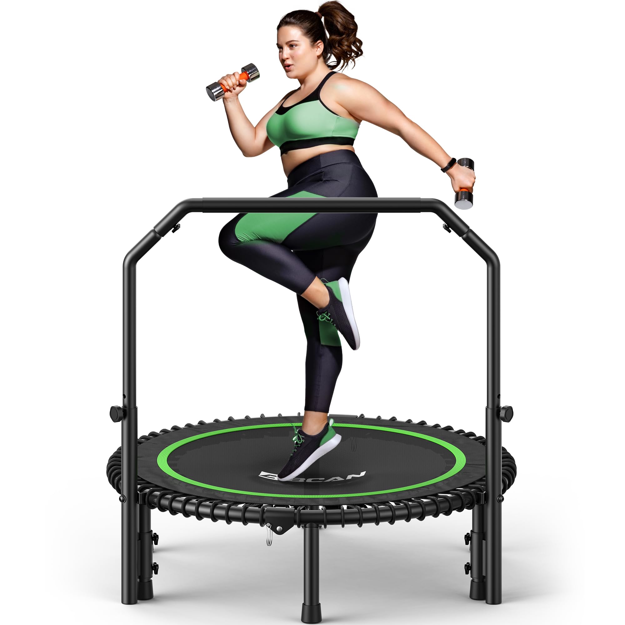 BCAN BT2 450/550LBS Mini Rebounder Trampoline for Adults with Bar, Fitness Trampoline with Bungees, Adjustable Handle, Stable & Quiet, Indoor Outdoor, Whole-Body Workout & Relaxation at Home-40IN-GRN - Image 1