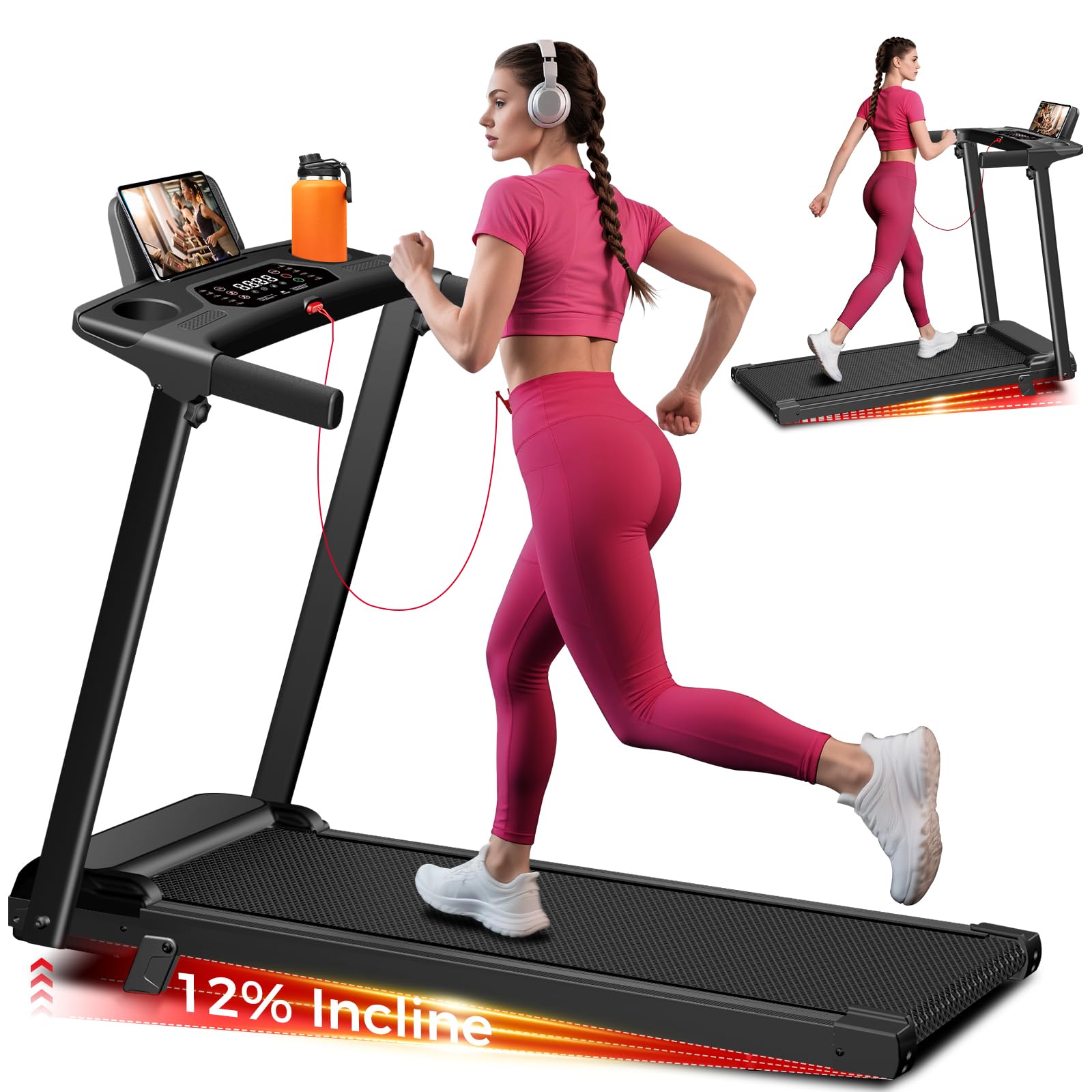 Aiteid Treadmill with Incline,3.0HP Small Treadmills for Home,Portable Electric Treadmill with Handles,Lightweight Walking Pad,Compact Running Treadmills,Walking Pad with Handle,300LBS Capacity(Black) - Image 1