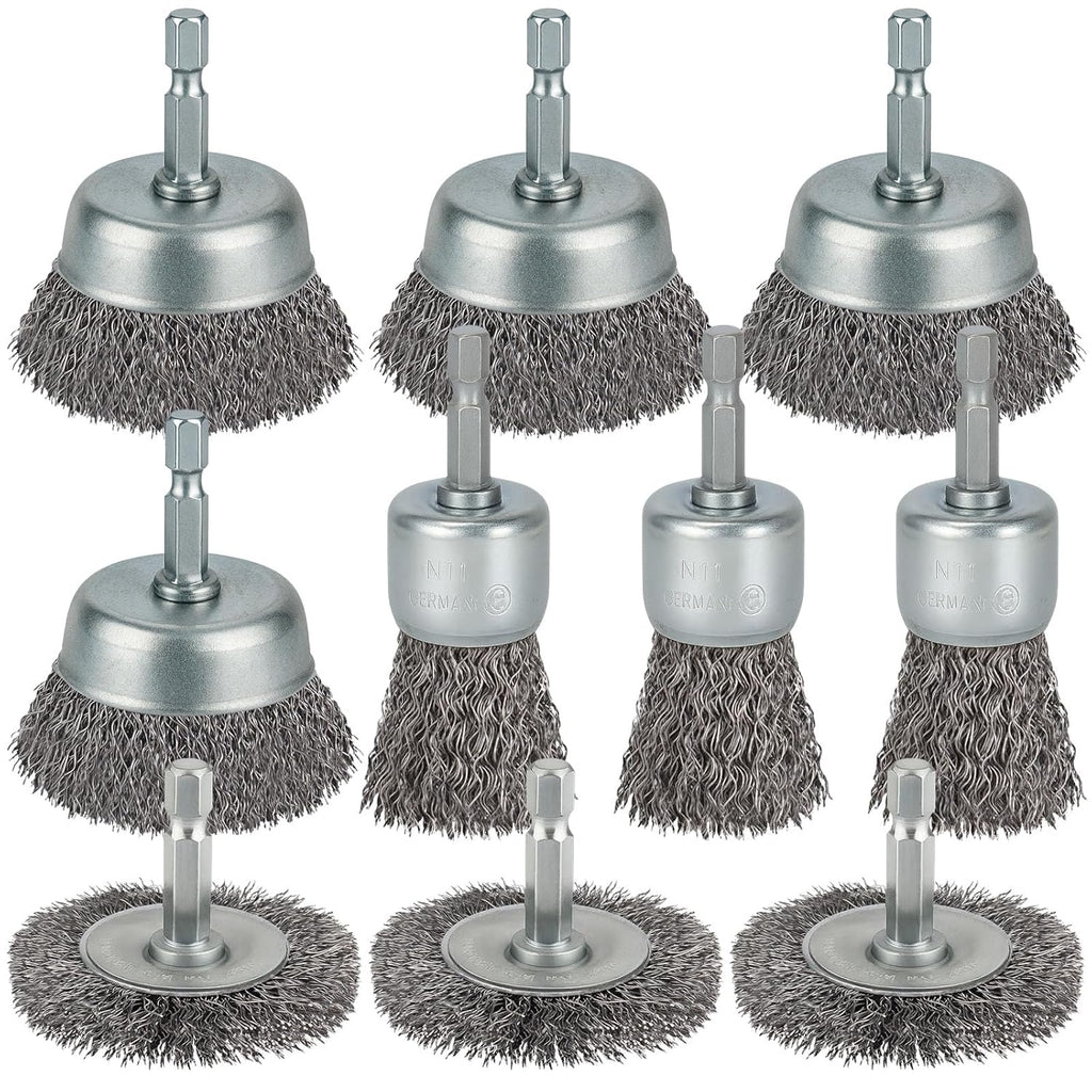 10 Pcs Wire Brush for Drill, Coarse Carbon Steel Crimping Wire Wheel Brush, 1/4 Inch Hex Shank, Cup Brush Drill Bit for Cleaning Rust, Stripping and Abrasive