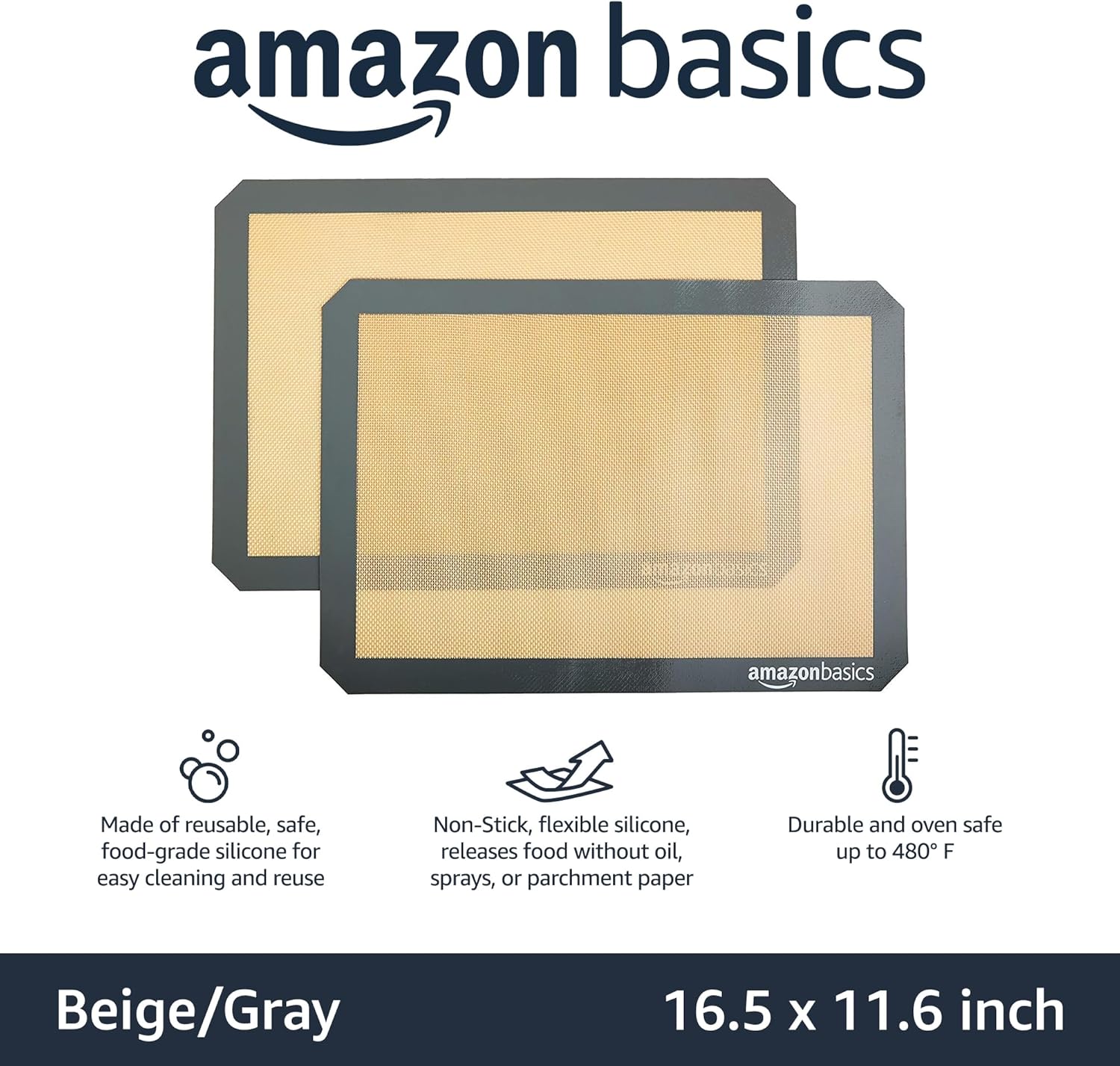 Amazon Basics Silicone Rectangular Baking Mat, Non-Stick, Reusable, Dishwasher Safe, Food Safe, Heat Resistant, 16.5" x 11.6", Beige/Gray, 2-Pack